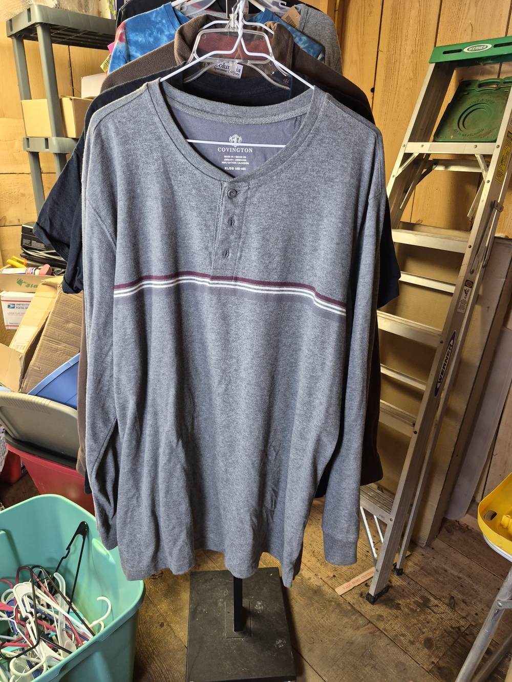 Covington Gray Long-Sleeve Henley with Burgundy and White Chest Stripe Bin 63